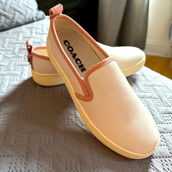 COACH: Peony Pink & Cream Trimmed Slip On Sneakers - Picture 1 of 9